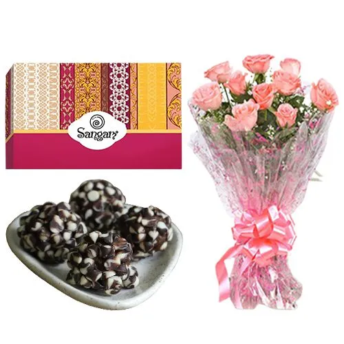 Blissful Kaju Chocotwin from Sangam Sweets with Pink Rose Bouquet