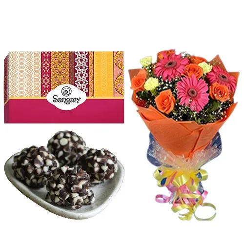 Classic Kaju Chocotwin from Sangam Sweets with Seasonal Flower Bouquet