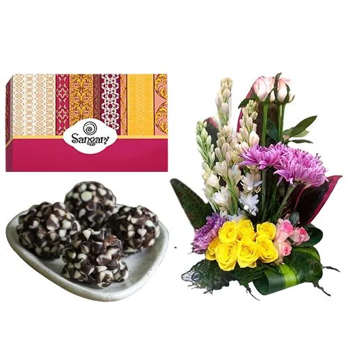 Delectable Kaju Chocotwin from Sangam Sweets with a Mixed Flower Arrangement