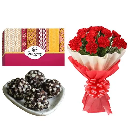 Delightful Kaju Chocotwin from Sangam Sweets with Red Carnation Tissue Wrapped Bouquet