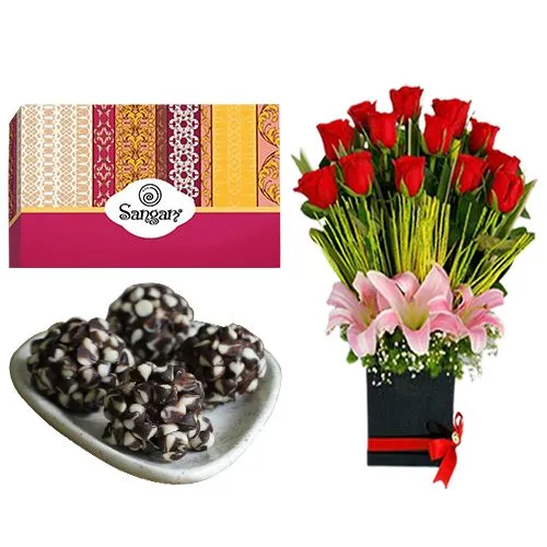 Enjoyable Kaju Chocotwin from Sangam Sweets with a Designer Flower Arrangement