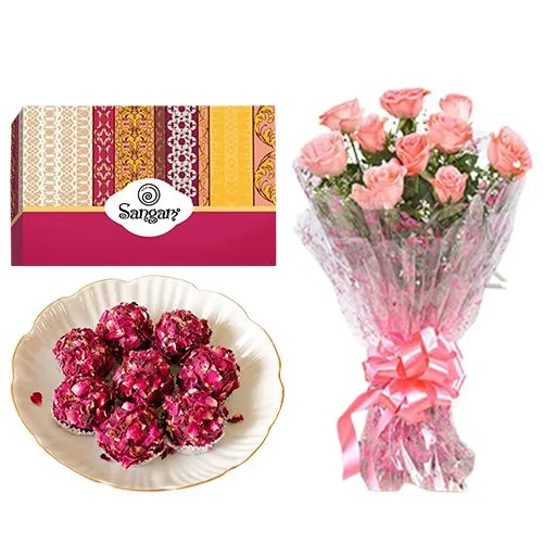 Rich Kaju Rose Laddu from Sangam Sweets with Pink Rose Bouquet	