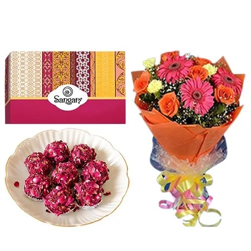 Scrumptious Kaju Rose Laddu from Sangam Sweets with Seasonal Flower Bouquet