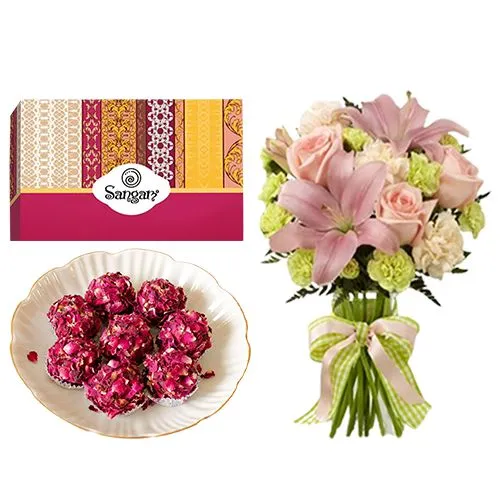 Smooth Kaju Rose Laddu from Sangam Sweets with a Flowers Bouquet	