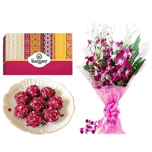 Special Kaju Rose Laddu from Sangam Sweets with Orchid Bouquet	
