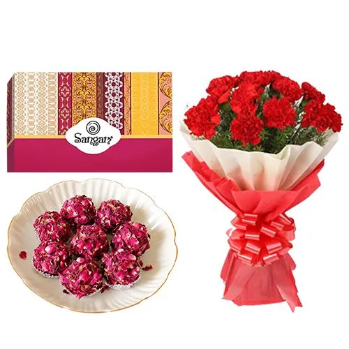 Sumptuous Kaju Rose Laddu from Sangam Sweets with Red Carnation Tissue Wrapped Bouquet