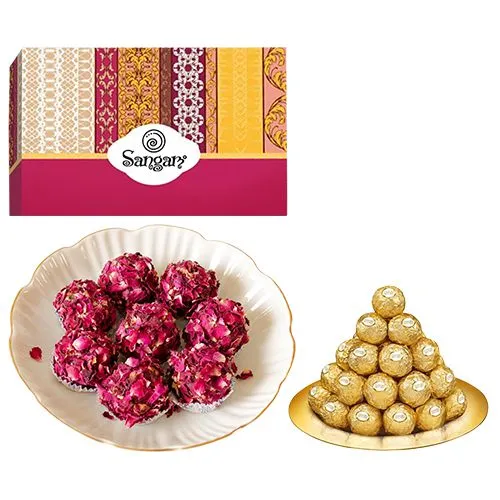Toothsome Kaju Rose Laddu from Sangam Sweets with Ferrero Rocher