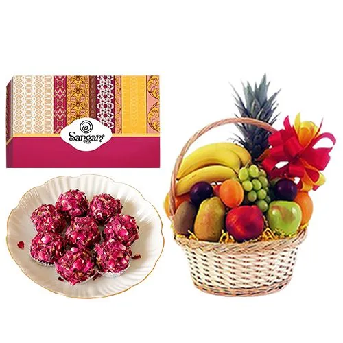 Glorious Kaju Rose Laddu from Sangam Sweets with Fresh Fruit Basket