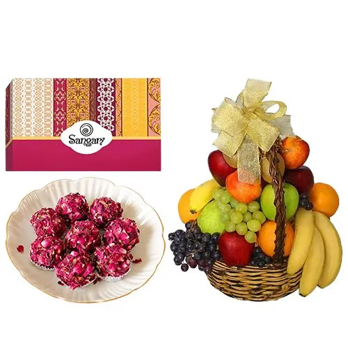 Gratifying Kaju Rose Laddu from Sangam Sweets with Fresh Fruit Basket