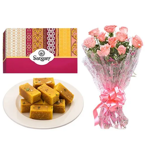Indulgent Mysore Pak from Sangam Sweets with Pink Rose Bouquet	
