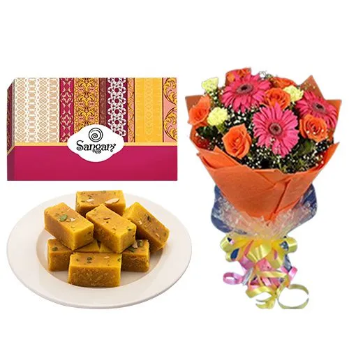Enjoyable Mysore Pak from Sangam Sweets with Seasonal Flower Bouquet	