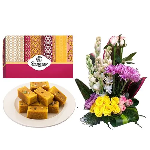 Irresistible Mysore Pak from Sangam Sweets with a Mixed Flower Arrangement	