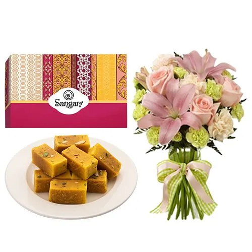 Lip-Smacking Mysore Pak from Sangam Sweets with a Flowers Bouquet