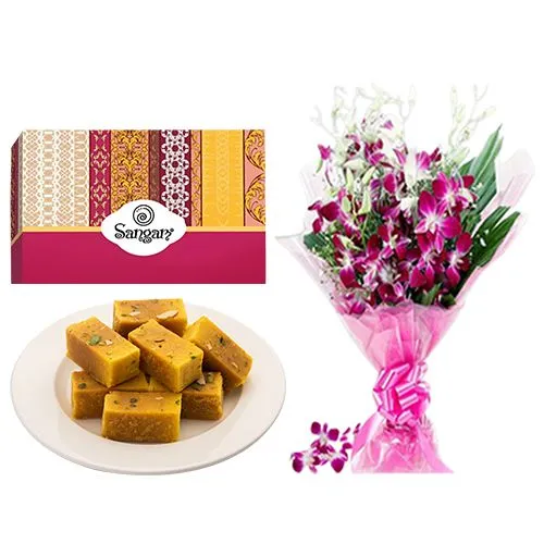 Luscious Mysore Pak from Sangam Sweets with Orchid Bouquet