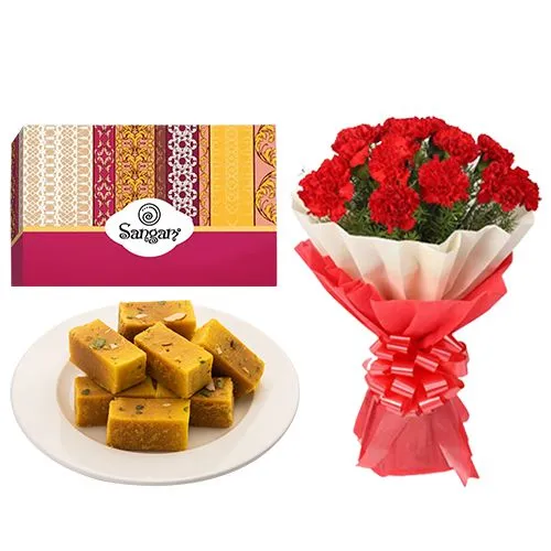 Magical Mysore Pak from Sangam Sweets with Red Carnation Tissue Wrapped Bouquet