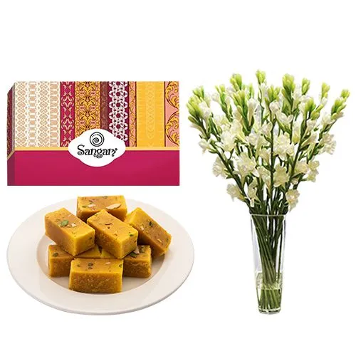 Mouth-Watering Mysore Pak from Sangam Sweets with Rajnigandha Stems in a Glass Vase