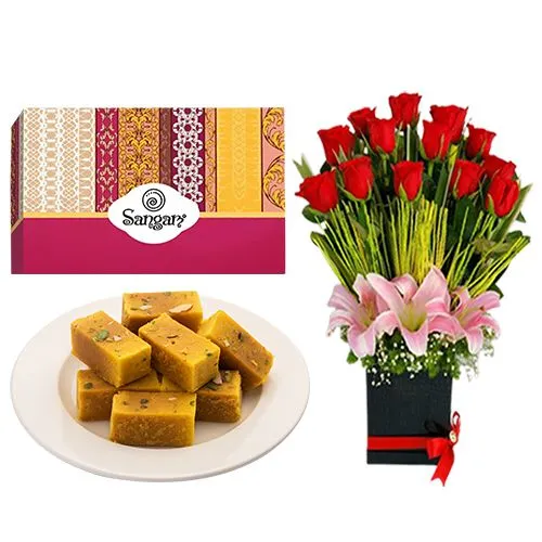 Pleasant Mysore Pak from Sangam Sweets with a Designer Flower Arrangement