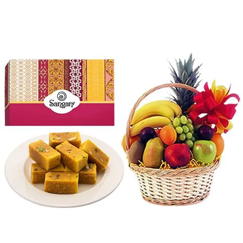 Blissful Mysore Pak from Sangam Sweets with Fresh Fruit Basket