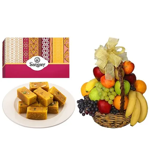 Classic Mysore Pak from Sangam Sweets with Fresh Fruit Basket