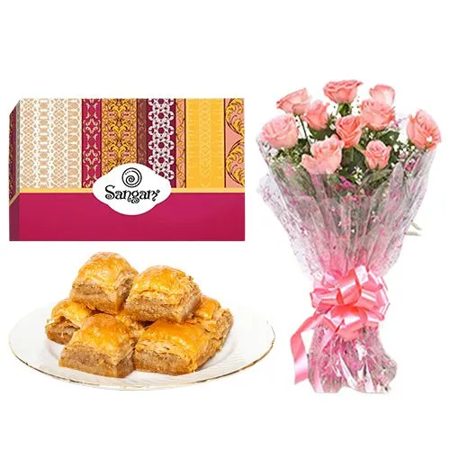 Blissful Desi Baklava from Sangam Sweets with Pink Rose Bouquet