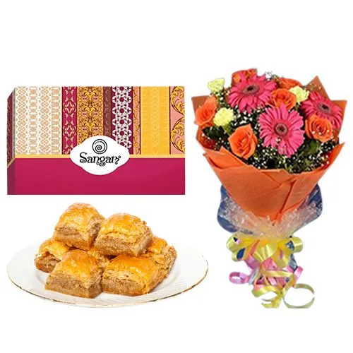 Classic Desi Baklava from Sangam Sweets with Seasonal Flower Bouquet