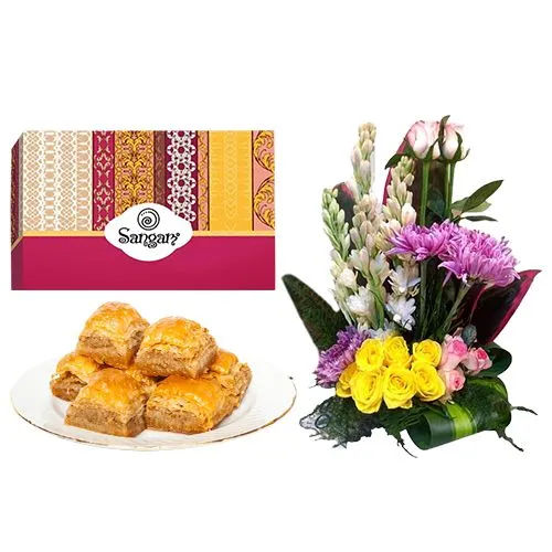 Delectable Desi Baklava from Sangam Sweets with a Mixed Flower Arrangement