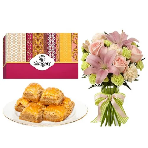 Delicious Desi Baklava from Sangam Sweets with a Flowers Bouquet
