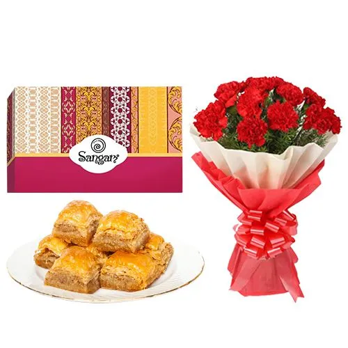 Delightful Desi Baklava from Sangam Sweets with Red Carnation Tissue Wrapped Bouquet