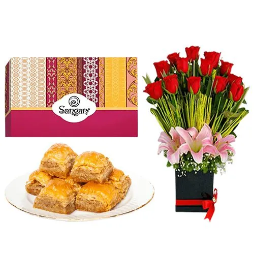 Elegant Desi Baklava from Sangam Sweets with a Designer Flower Arrangement