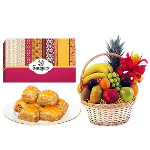 Pleasant Desi Baklava from Sangam Sweets with Fresh Fruit Basket