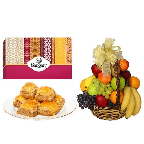 Precious Desi Baklava from Sangam Sweets with Fresh Fruit Basket