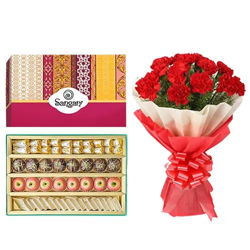 Special Cashew Delight from Sangam Sweets with Red Carnation Tissue Wrapped Bouquet