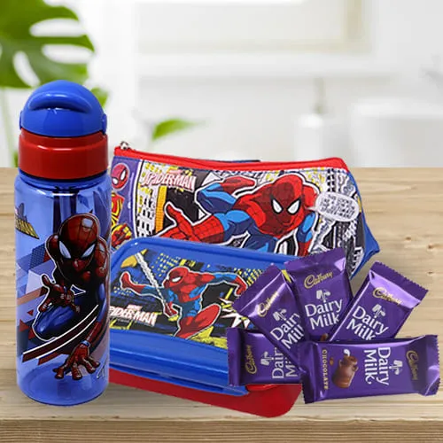 Exciting Spiderman Kids Stationery, Canteen Set n Chocolate Combo
