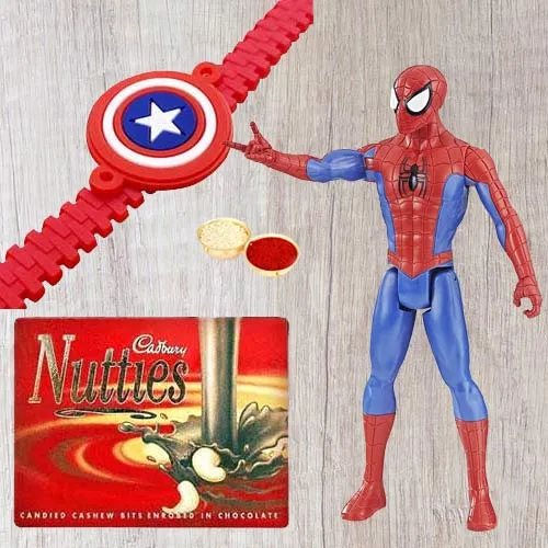 Wonderful Selection of Marvel Avengers Captain America Action Figurine for Little Ones and Kids Rakhi, Cadbury Nutties with Free Roli Tilak and Chawal