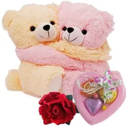 Deliver Hugging Couple Teddy with Rose and Homemade Chocolates