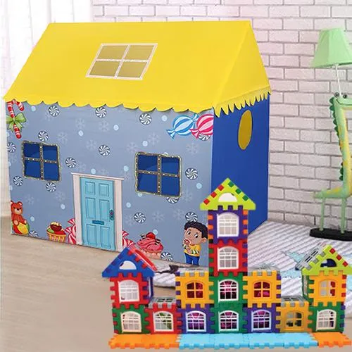 Playful Tent House for Boys with 72 Pcs Multi Colored Jumbo House Building Blocks