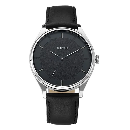 Elegant Titan Workwear Watch with Black Dial N Leather Strap