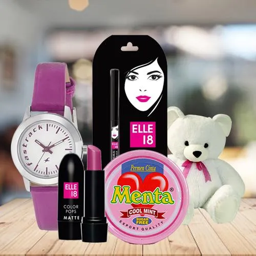 Outstanding Fastrack Watch with Cosmetics, Teddy N Chocolates