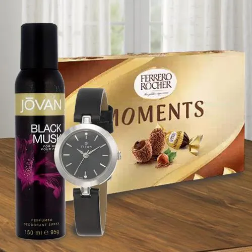 Refreshing Jovan Musk Deo with Ferrero Rocher Chocolates N Titan Watch