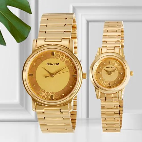 Amazing Analog Champagne Dial Couple Watch from Sonata