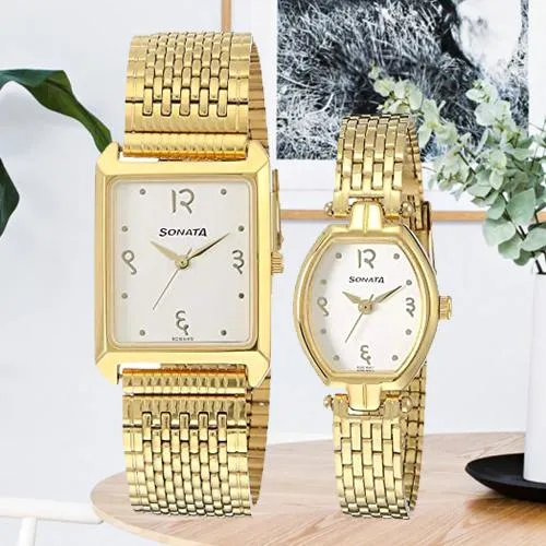 Marvelous Analog Gold Dial Couple Watch from Sonata
