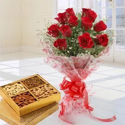 Graceful Treat of Dry Fruits and 12 Red Roses Bouquet